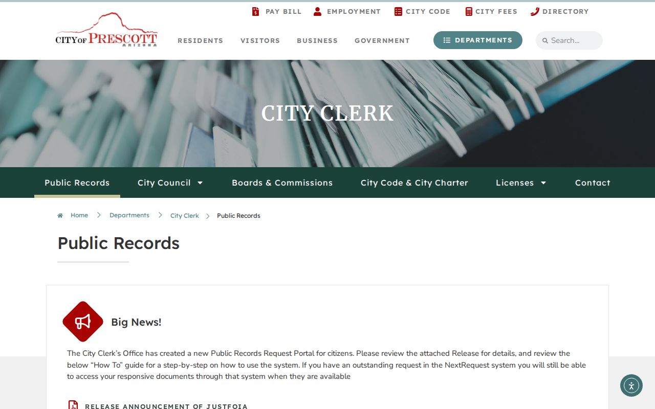 Prescott criminal records City Clerk public request page