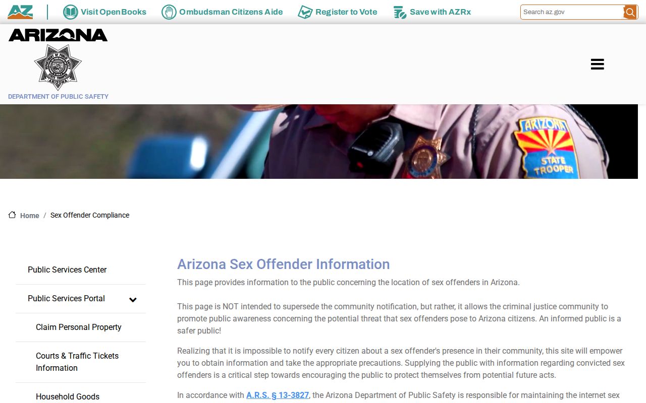Arizona DPS sex offender compliance and public registry information page