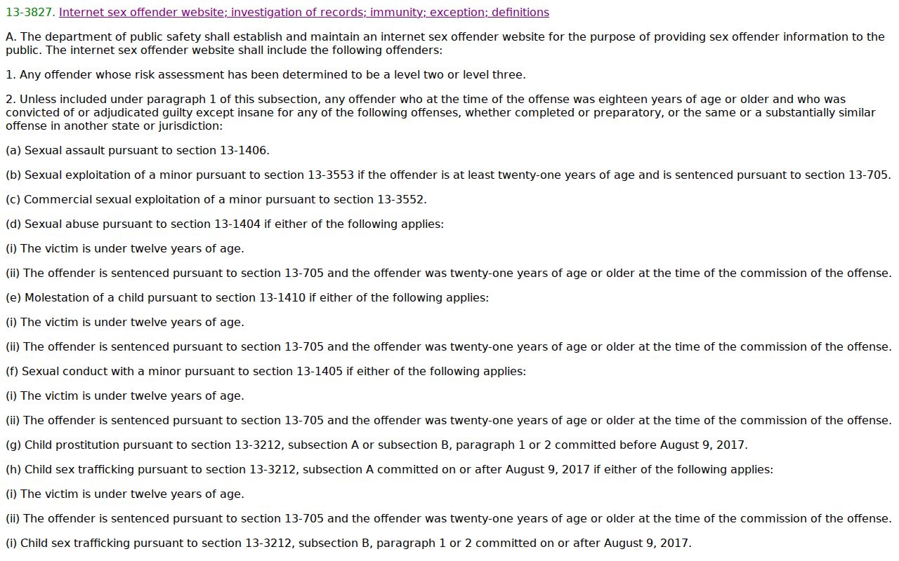 Arizona statute page defining public sex offender registry profile information